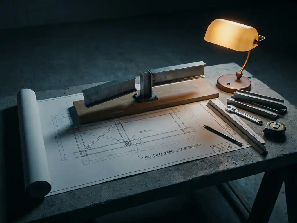 Architectural blueprint on concrete desk with construction tools beside an unconnected structural beam under warm amber lamplight.