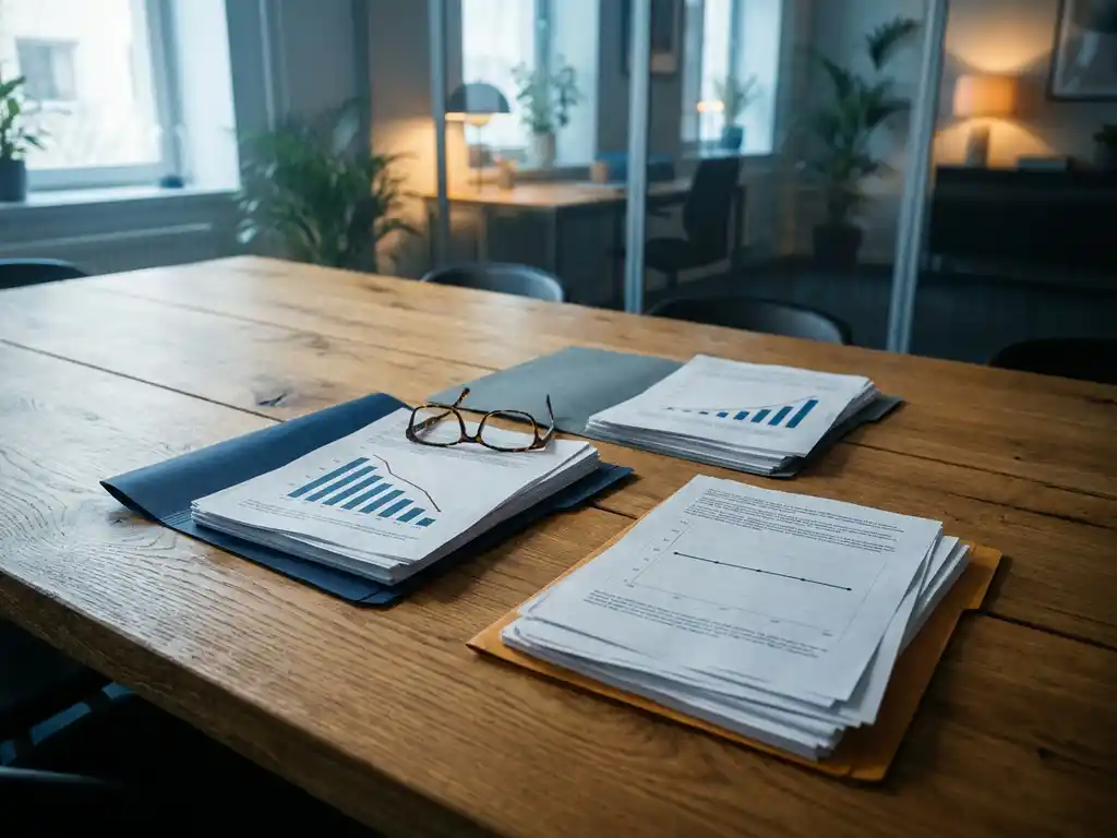Oak conference table with three conflicting bar chart reports in navy, grey, and amber folders, reading glasses resting on one stack.