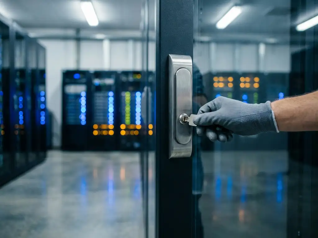Engineer inserting a metal key into a server rack lock panel inside a glass-walled enterprise data center.