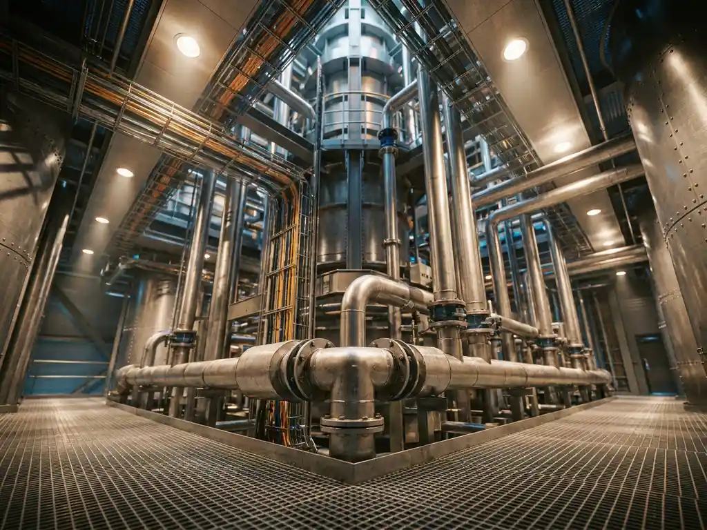 Vast network of steel pipes converging into a central industrial hub, symbolizing enterprise-scale data flow infrastructure.