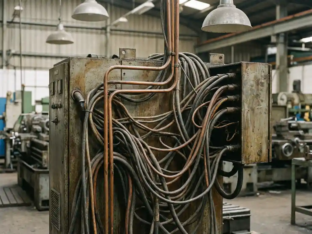 Weathered industrial control panel with tangled cables and oxidized copper conduit pipes on a factory floor, shot in muted steel grey and rust orange tones.