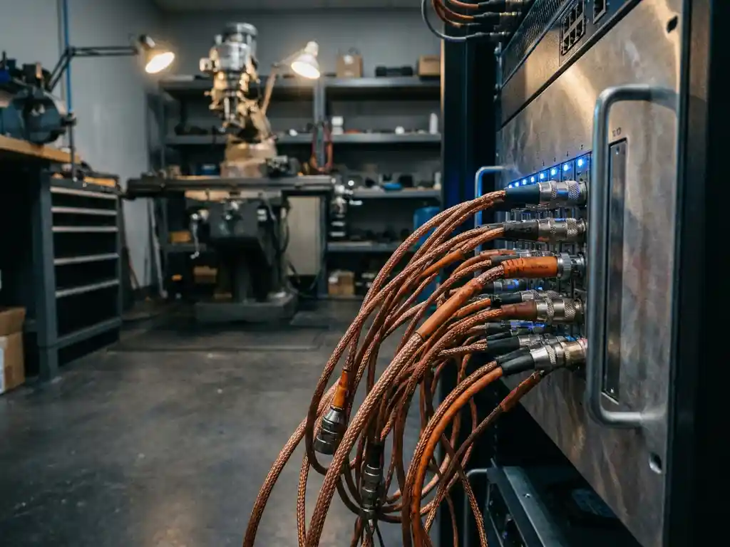 Copper sensor cables connecting to a modern server rack on a dimly lit manufacturing floor, precision machinery blurred in the background.