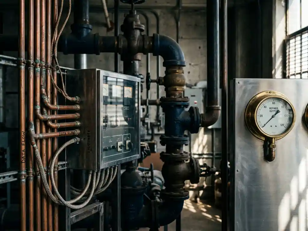 Industrial copper pipes and valves channeling flow into a precision instrument panel, lit dramatically with deep navy and warm copper tones.