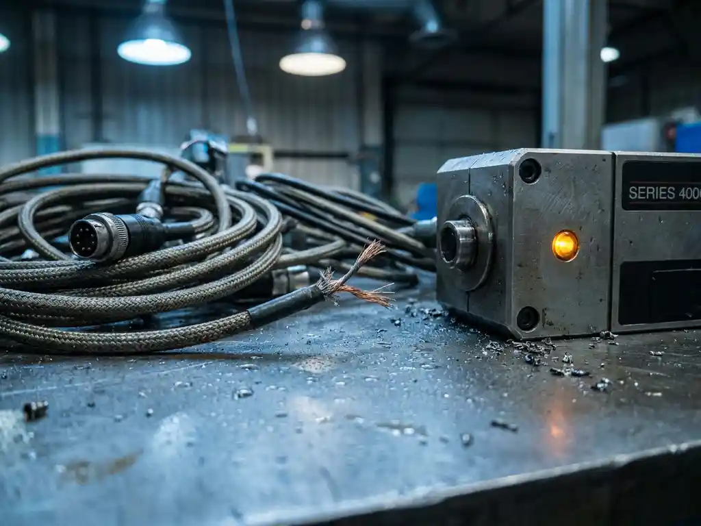 Frayed industrial sensor cable disconnected from a precision measurement device on a steel factory floor, amber warning light glowing among metal shavings.