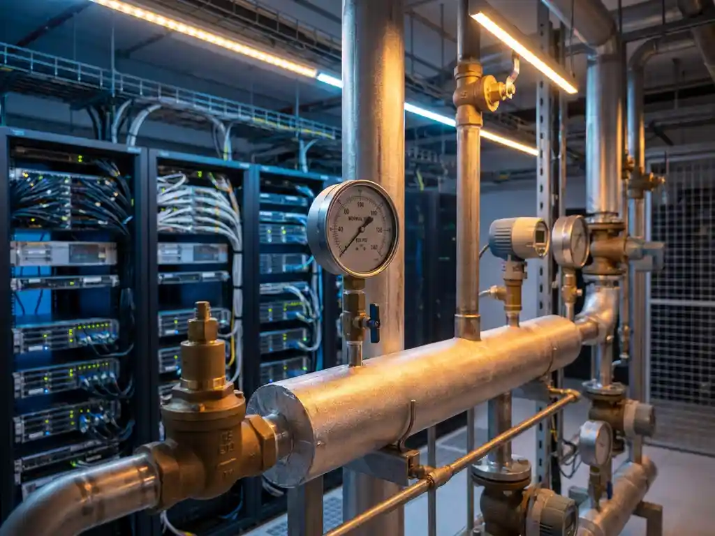 Industrial water pipes and pressure valves in a server room, central pipe glowing amber indicating healthy flow, pressure gauge in sharp focus.