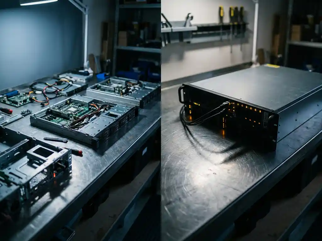 Engineer's workbench comparing modular server components mid-assembly alongside a mounted pre-built rack unit under workshop lighting.