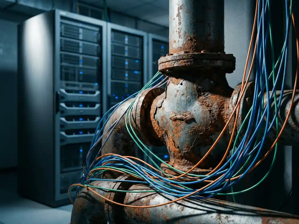 Corroded pipe junction tangled with fiber optic cables in a server room, contrasting aging infrastructure with modern unused equipment.