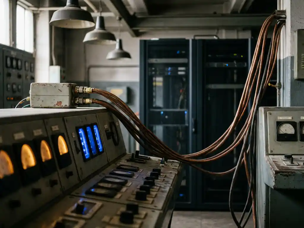 Analog SCADA control panel dials and copper signal cables connecting legacy hardware to a modern server rack in an industrial control room.