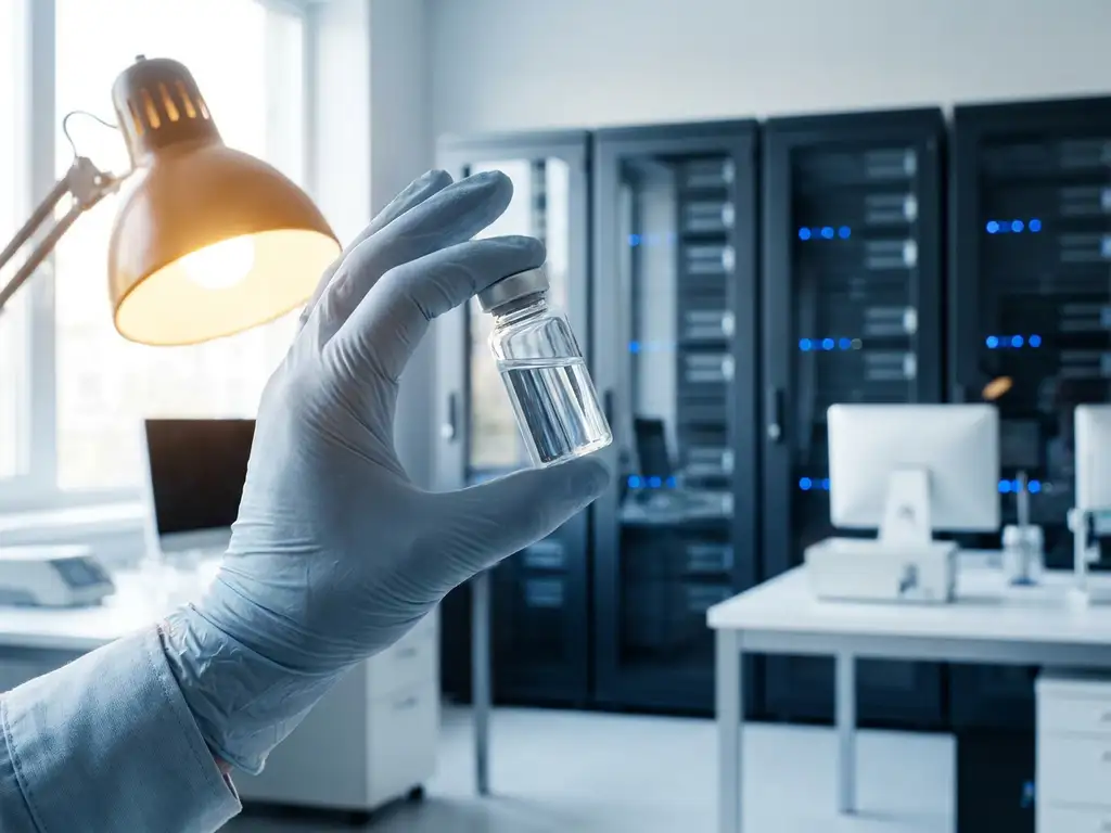 Scientist examining a clear glass vial against bright amber laboratory light, with server racks and workstations blurred in the background.