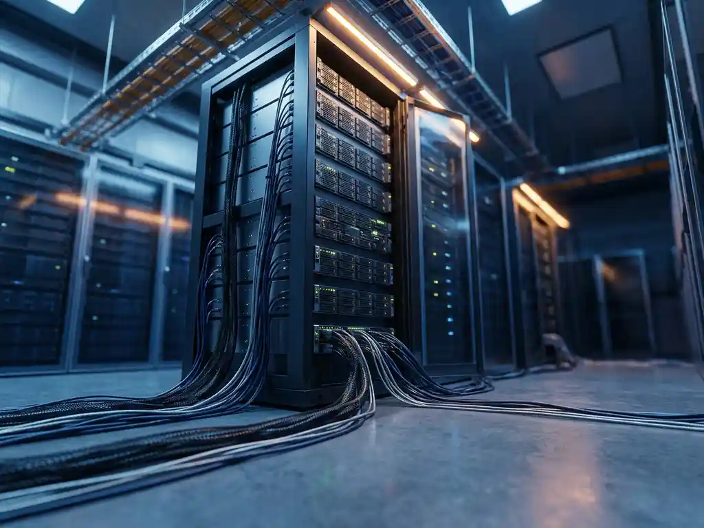 Server rack in a modern data center with blue ambient lighting, organized cable bundles, and warm amber overhead accents.
