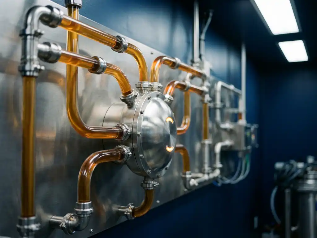 Steel pipe network converging into a central hub with amber liquid data flow visible through transparent tubing on an industrial surface.