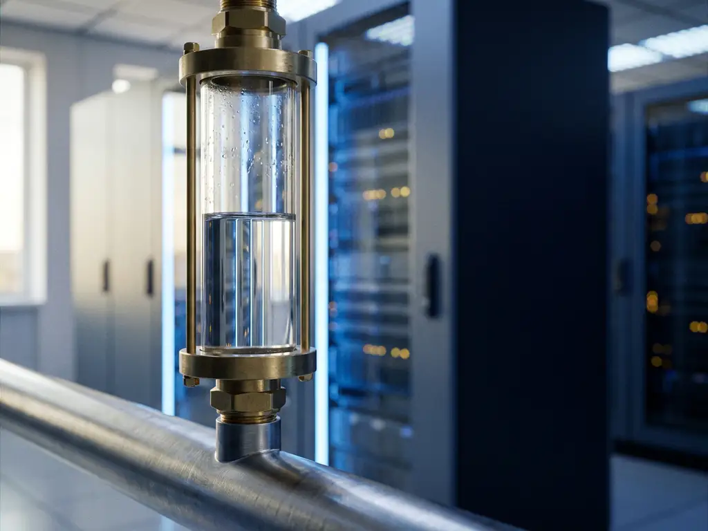 Glass water level gauge on an industrial pipe showing clear water, set against a blue-lit server room environment.