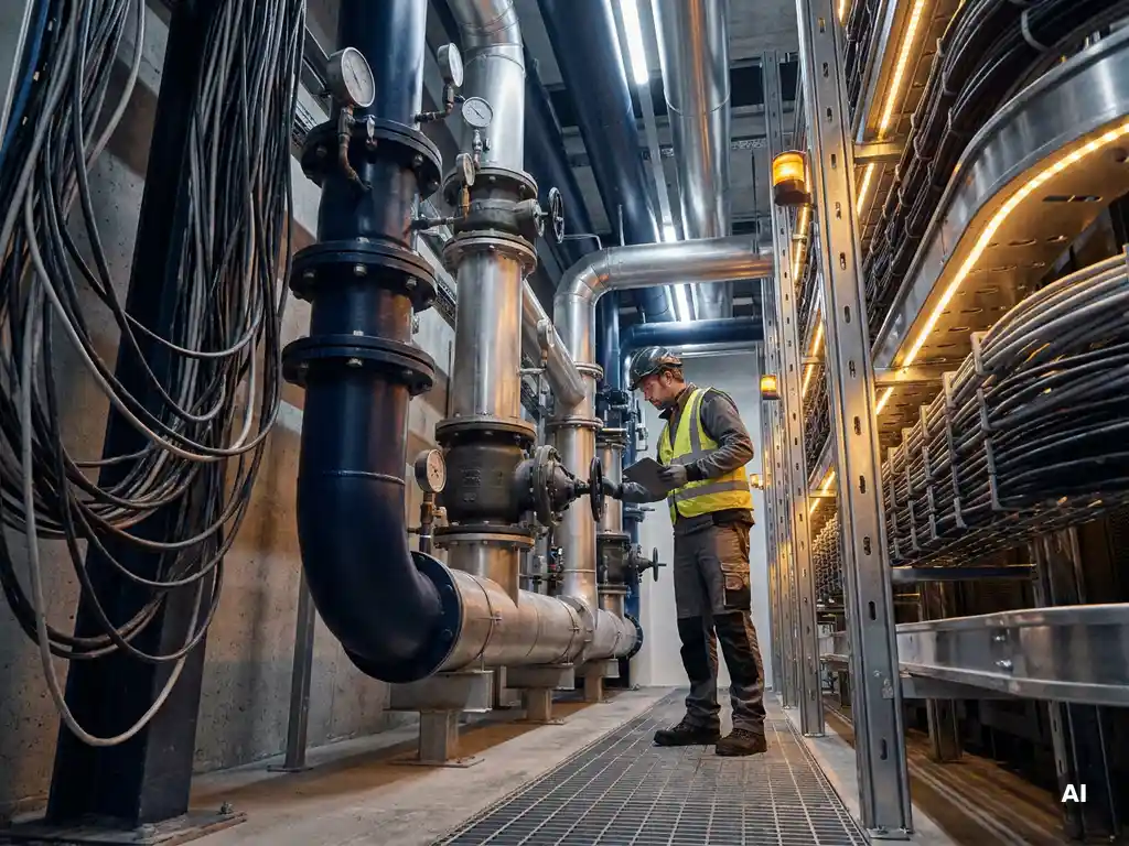 Engineer inspecting industrial pipeline valves and gauges in a data center, with cables transitioning from tangled to organized conduits.