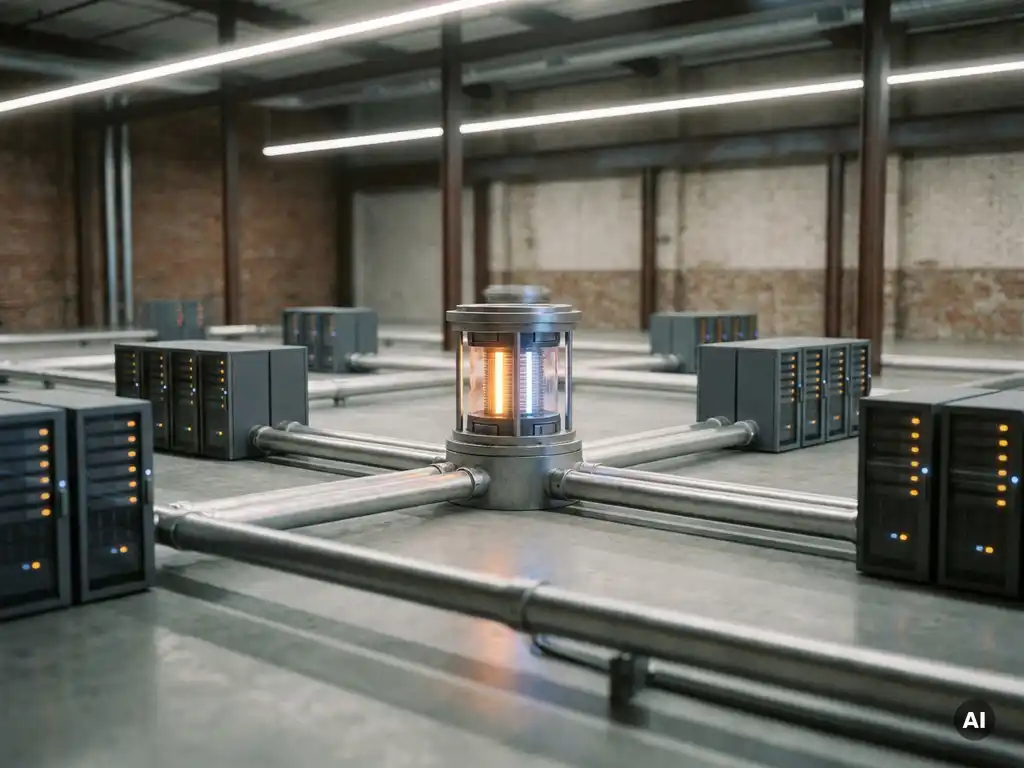 Steel conduits and modular server blocks forming a data pipeline on polished concrete, centered on a glowing amber hub node.