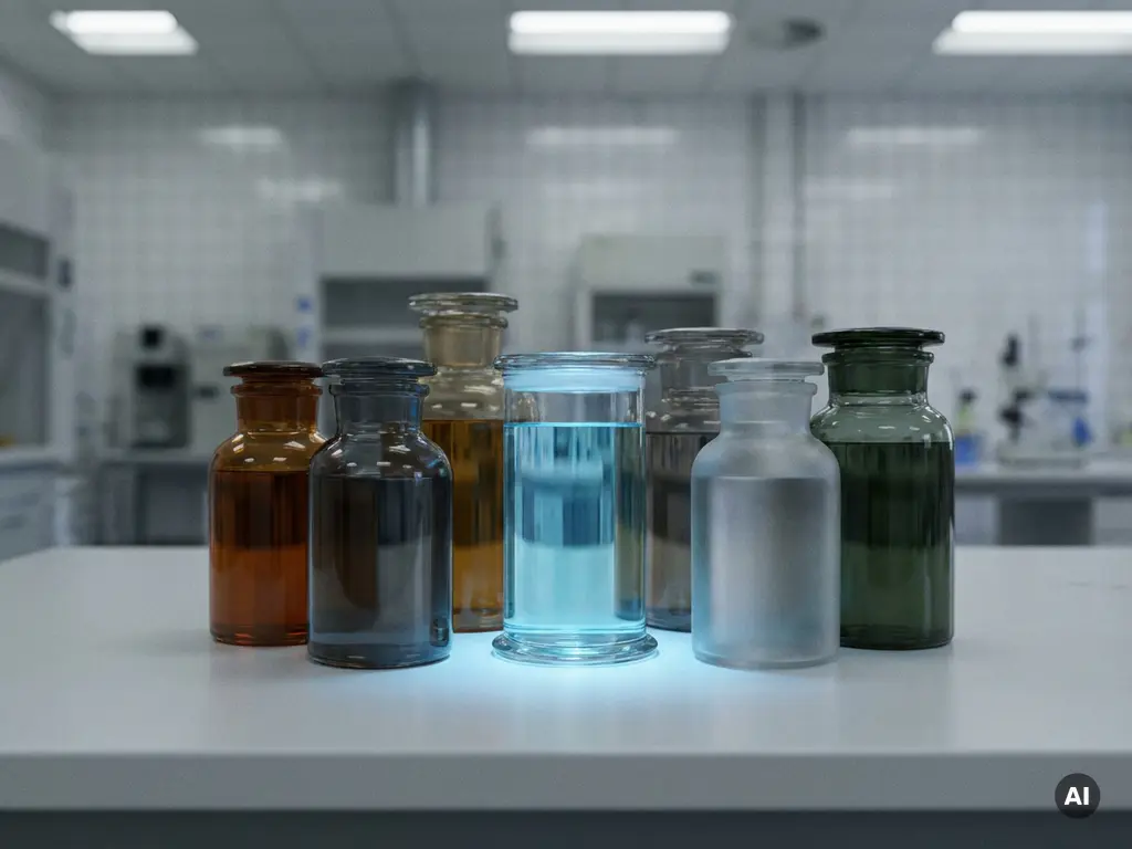 Glass specimen jars with colored liquids on a white lab bench, one illuminated in blue light, others in shadow, shallow depth of field.