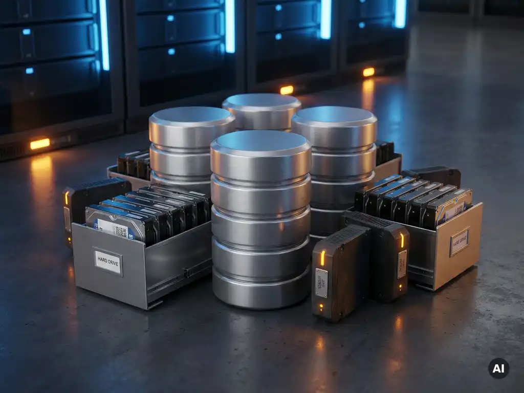 Labeled metal canisters, filing trays, and sensor modules arranged on a server room floor under industrial lighting.