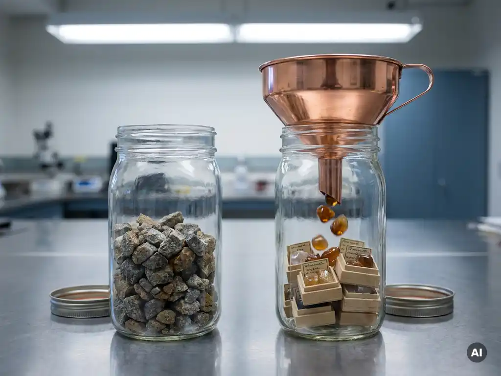 Laboratory workbench with raw gravel transforming through a copper funnel into sorted, labeled mineral specimens under clinical overhead lighting.