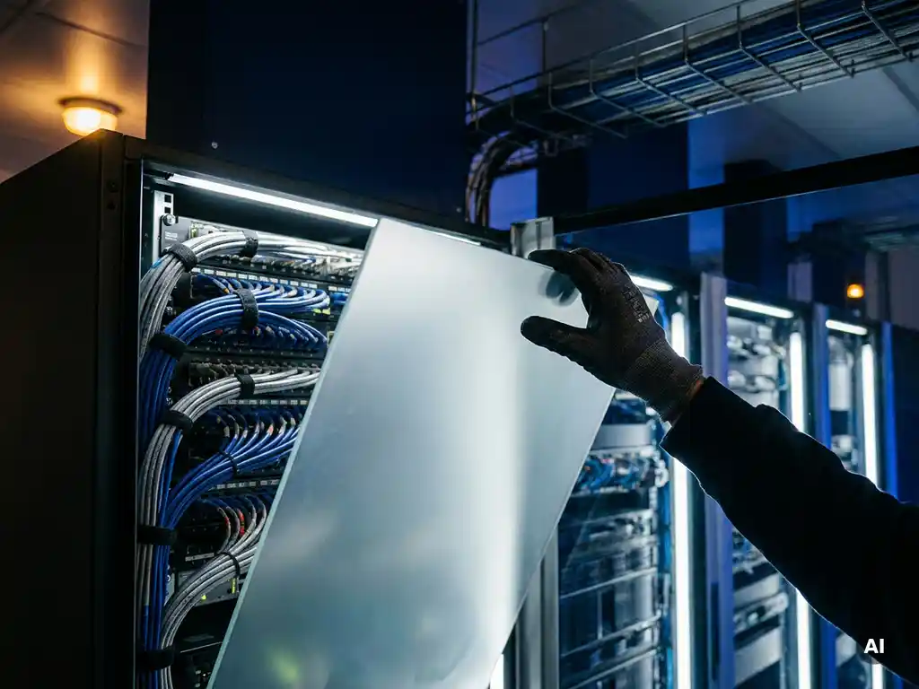 Gloved technician installing a frosted glass panel over a cable-managed server rack in an enterprise data center.
