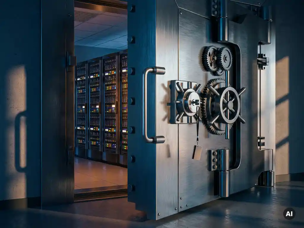 Steel vault door ajar revealing glowing rack servers in a secure enterprise data center, access card on locking mechanism.